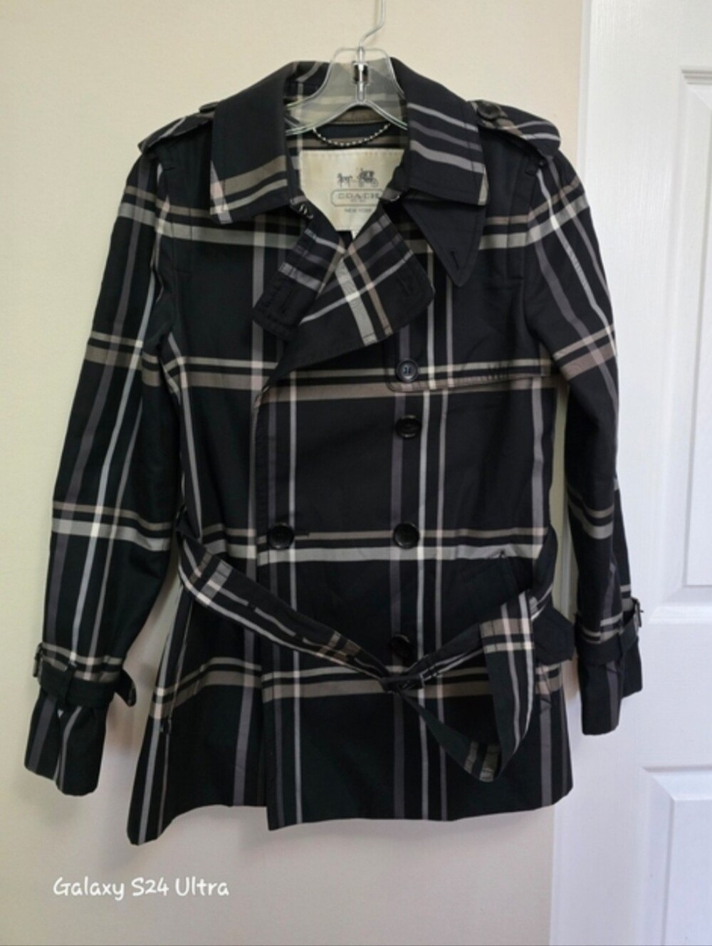 Coach Black Plaid Trench Coat with Gray Stripes - Picture 6 of 6